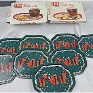 Vintage Tis The Season Christmas Canape Trays Lot 8 Metal Green Reindeer 6.5x7.5